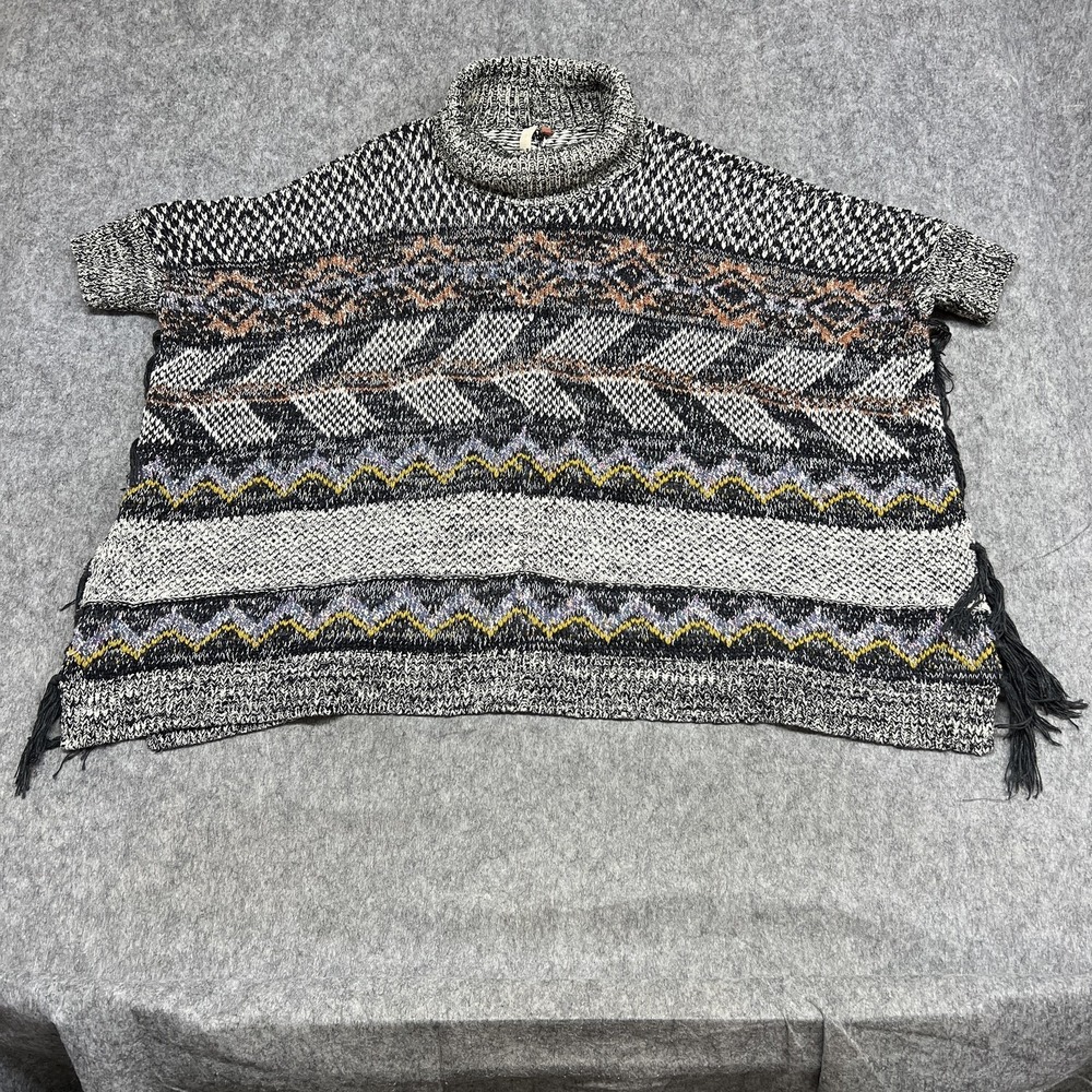 Pilcro Sweater Womens Medium Large Gray Fair Isle Turtleneck Tassel Prep Poncho